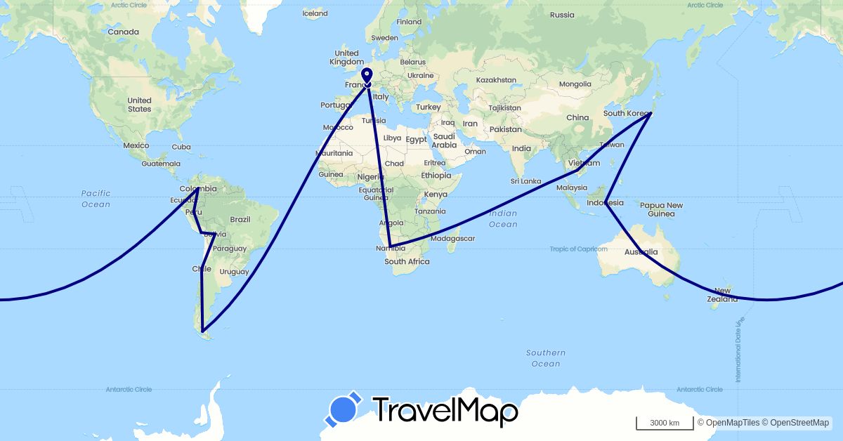 TravelMap itinerary: driving in Bolivia, Switzerland, Chile, Colombia, Indonesia, Japan, Namibia, New Zealand, Peru (Africa, Asia, Europe, Oceania, South America)